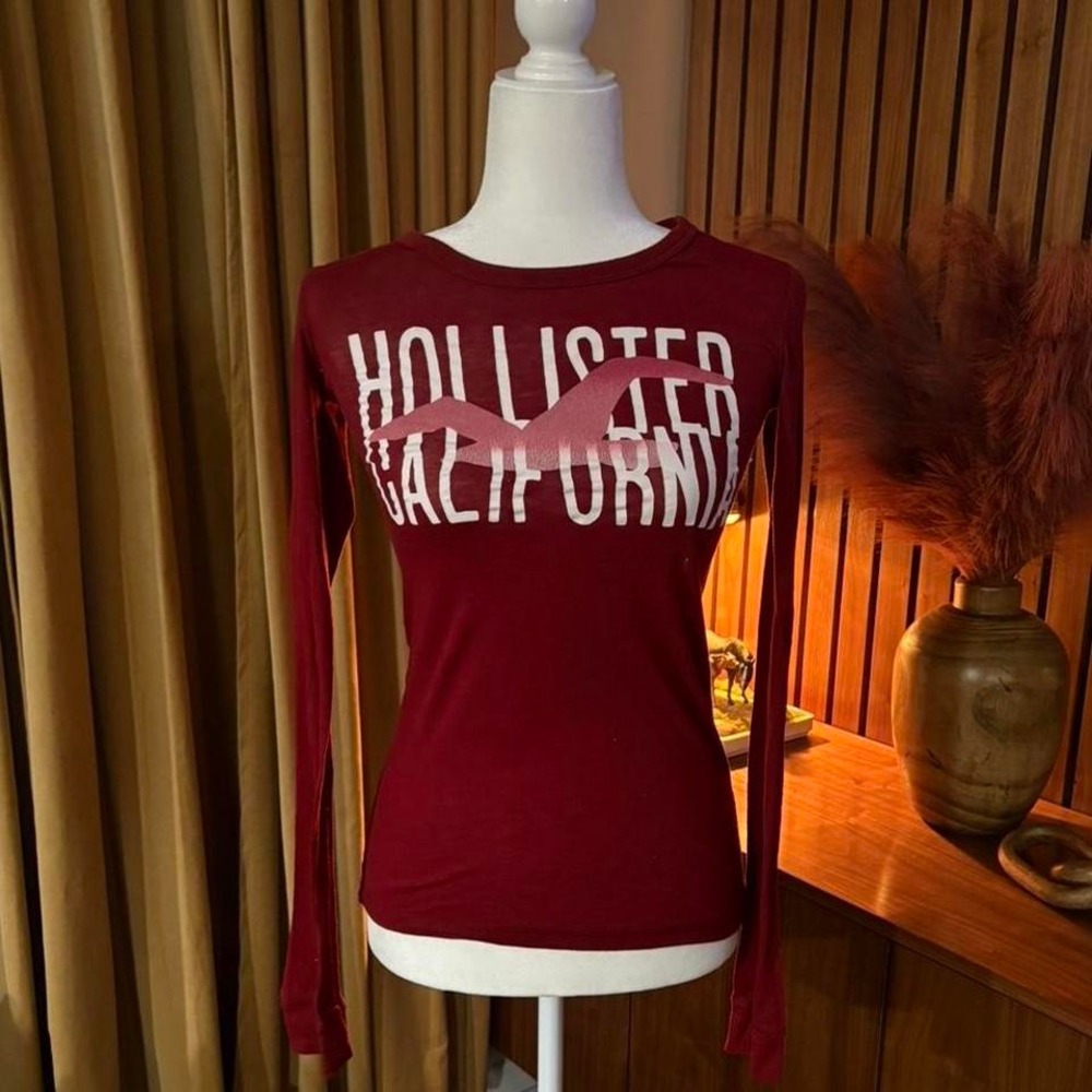 Hollister California Graphic Long Sleeve Tee Burgundy Red‎ Small Seagull Logo